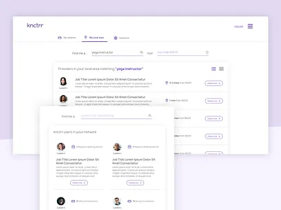 Search interface - knctrr app bar classifieds clean ecommerce grid interface list media platform profile purple responsive search search results service simple social sticky toggle