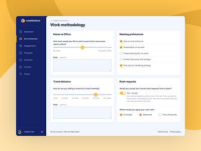 Constitution work methodology client client management client relationship contract digital nomad form design freelancer preferences product design project proposal remote work settings ui design ux design ux strategy web app web site work work methodology