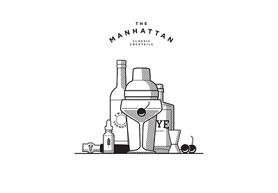 Manhattan blackandwhite cocktail flat illustration lineart manhattan woodcut