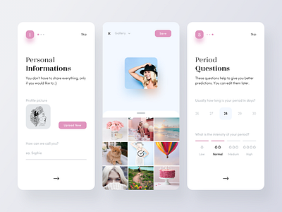 Period Tracker Onboarding 2 app calendar camera roll cycle health healthcare minimal mobile period profile picture ui ux woman