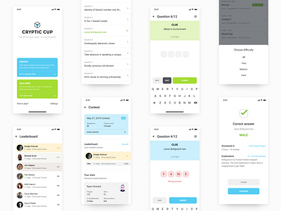 Cryptic Cup UI answer app color cryptic design game hint interaction interface keyboard layout leaderboard minimal mono play question startup ui