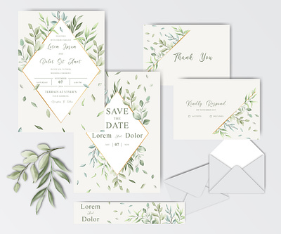 watercolor wedding stationary template collection with greenery background botanical branch collection design drawing floral flower green greenery illustration invitation isolated leaf leaves plant spring summer template watercolor