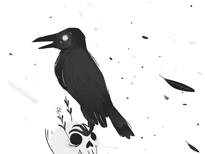 Style Hand-Drawn - vector image magic raven and skull abstract animal art ashes and snow background beak bird bird feather black blackbird crow dark death design magic raven skull vector
