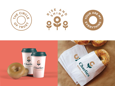 Charlies Bagels badges bagel branding circle coffee cups custom type flower garden identity illustration logo packaging print typography