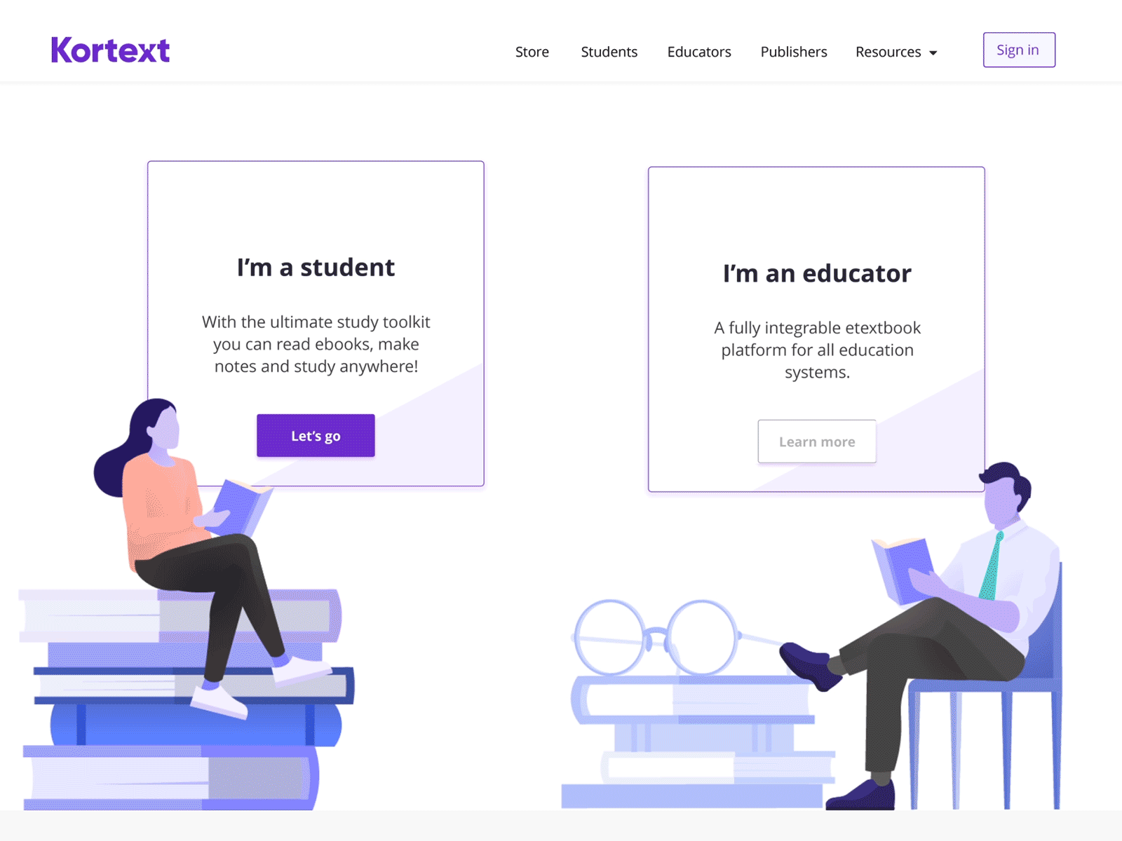 Split landing page design for Kortext website animatedgif animation digitalillustration ebook educator gif illustration landing page persona reading student uiux website