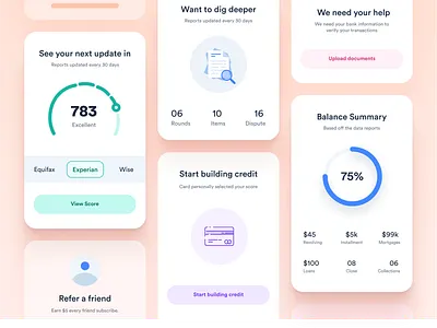 Cards & Widgets card design cards credit score empty state empty state illustration graphs mobile app ui upload documents ux widgets widgets design