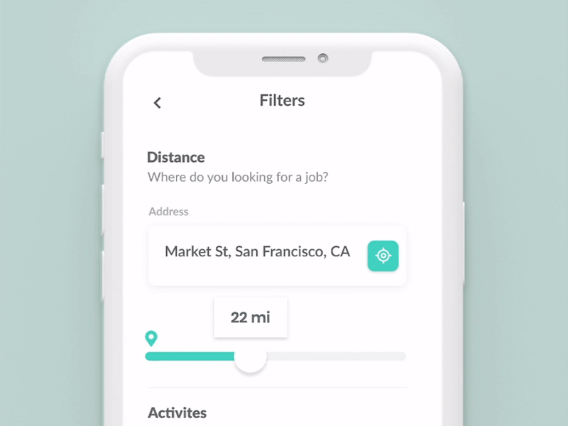 Filtering animation - Mobile app for volunteers aniamtion app application clean distance filter flat microinteraction mobile protopie prototype responsive slider slider design ui uidesign uiux uxdesign volunteering