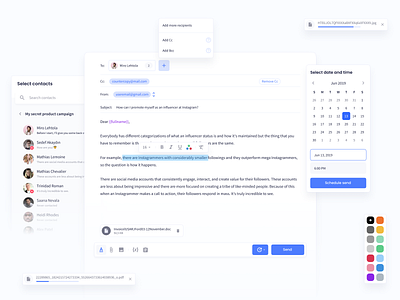 Influencer Marketing Platform – Outreach Feature app attachment components contacts datapicker design design system mail messaging navigation product product design ui ux web