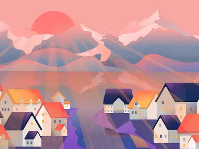 Town in dawn light digital digital art illustration landscape mountains town vector vectorart