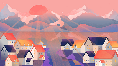 Town in dawn light digital digital art illustration landscape mountains town vector vectorart