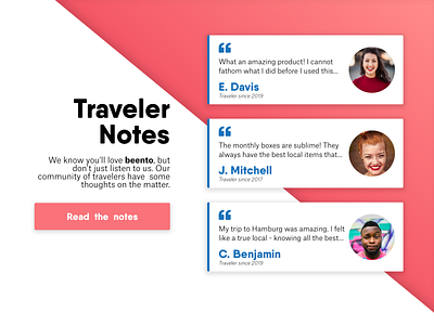 Testimonials 039 beento card customers dailyui design destinations reviews testimonials travel travelers trips ui ux