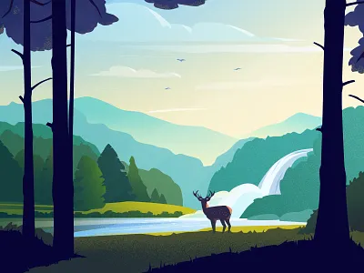 Forest river art deer design forest illustration landscape light river sky trees vector water