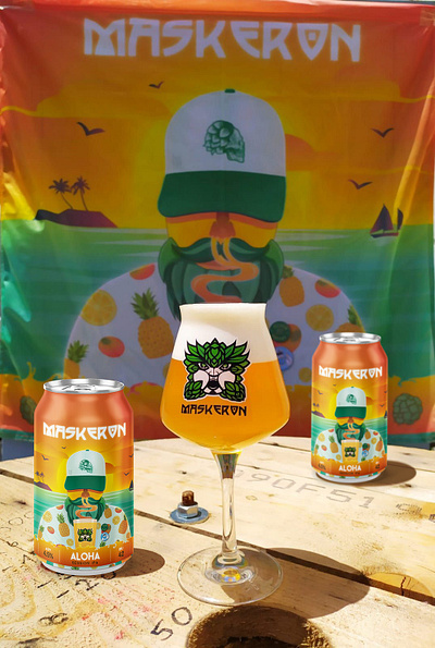 Maskeron Aloha can mockup aloha beach beer beer art beer can beer can design beer label can hawaii hops illustration mockup pineapple shirt sun sunset vector