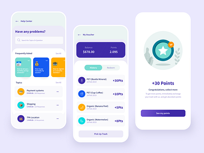 Go-trash | Trash Collecting App | Continue cards clean collection congratulation faq history noansa organic trash point question redeem searchbar shipping success topics trash app ui ux voucher