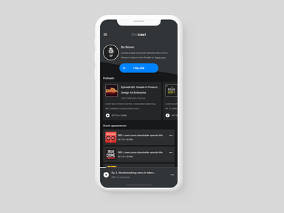 Podcast Author Profile Page app author creator dark mode dark theme dark ui follow ios iphone mobile podcast podcasts profile profile card social stream