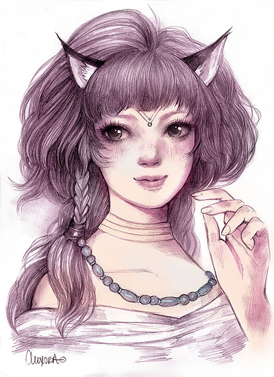 Ellyrnqua Cat Girl anime cat fantasy art freehand drawing illustration manga mangaart pencil art pencil drawing semi realism
