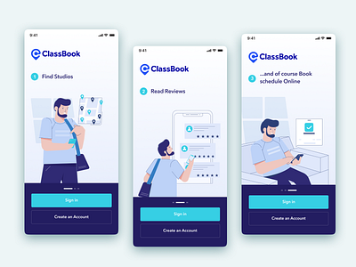 Classbook Onboarding page appoinment book class fitness gym illustration mobile mobile app onboarding onboarding screen review schedule yoga