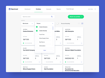 OpenInvest - Institutional Dashboard - Portfolios dashboard design design investing portfolio product design ui ux