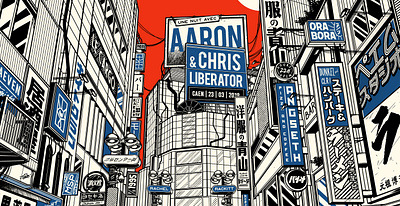 Aaron & Chris Liberator Poster aaron chris liberator concert poster design graphic illustration japan japanese le cargo manga paiheme paihemestudio poster poster art poster design retro retro design shibuya tokyo vintage