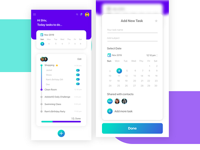 Daily Task Manager adobexd calender dailyui mobile mobile ui design mobile uiux modern app design personalisation personalised selection task task list task management task manager user experience userinterface