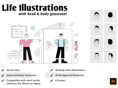 Life Illustrations with Head And Body Generator app illustration background body generator body parts business character design elevator head generator hero image humans illustrations illustrator illustrator design scene generator scenes stories vector web illustration