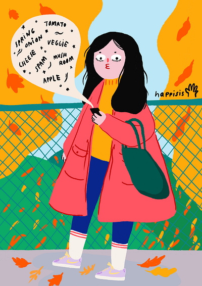 Grocery errands in autumn is fun colors illustration people