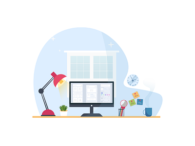 Workstation Desk Illustration coffee color debuts design desk flat front desk hello world hellodribbble illustration minimal ui vector workstation