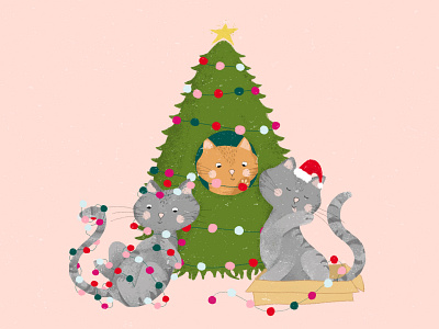 Christmas Cats cat illustration cat tree cats christmas christmas decoration christmas lights christmas tree design drawing flat illustration hand drawn illustration lights pastel colors pink texture