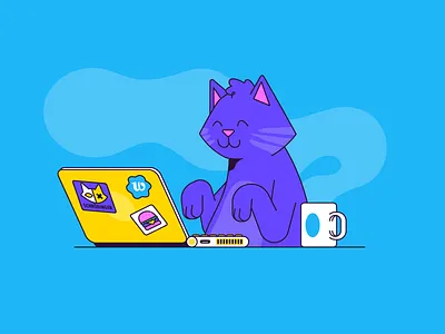 e-meow cat character coffee computer desk illustration laptop mail meow monday office patswerk pet platform vector work