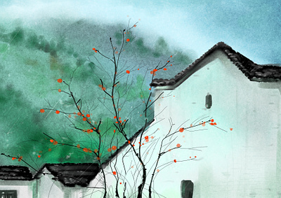 living in peace chinese style house illustration rainy sai