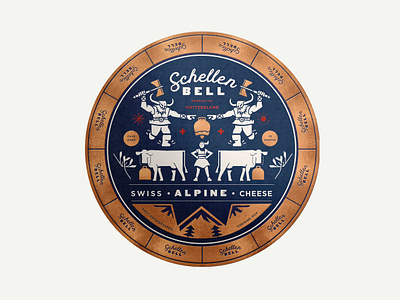 Schellen Bell Cheese Wheel Label axe badge beverage cheese concept copper design foil food giant illustration label packaging round script stamp typography vector wheel wine