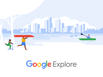 Google Explore activity branding cityscape design explore flat illustration google google trips illustration kayak lake landscape material design mountains nature travel trees ui vector water