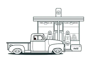 1950s Chevy Truck & Gas Station antique chevrolet cocacola coke fuel gas gas station illustration petrol shelloil truck vector