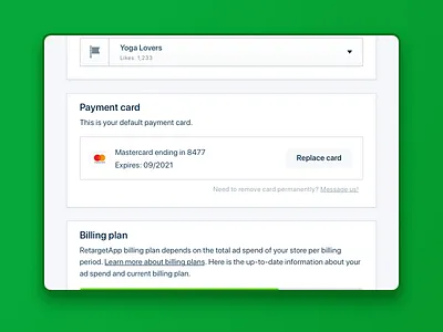 Payment card. RetargetApp account billing billing plan change changes charge credit card edit integration interface payment payment card payment method product design profile replace settings stripe ui ux