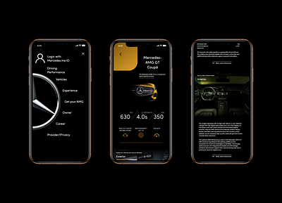 Mercedes Benz Mobile app adobe xd luxurious mercedes benz mobile app mobile app design sidebar navigation ui ux ui ux design yellow and black