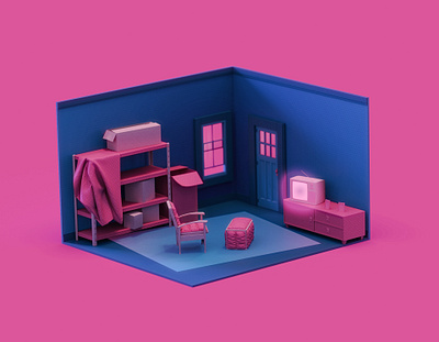 Room 3d boxes isometric keyshot room tv zbrush