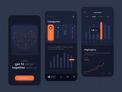 Health Activities Dark Mode Mobile UI activities app chart clean contrast dark get started health home kit mobile modern sketch ui ux