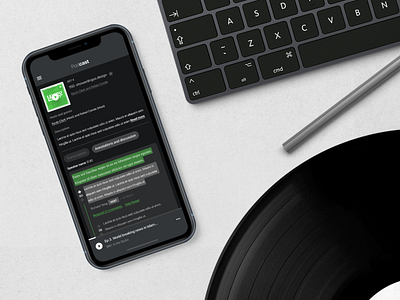 Branded Podcast Episode Page app audio black dark app dark mode dark theme dark ui design episode host ios iphone listen music page podcast profile stream