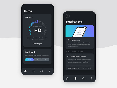 Mobile App - Digital Telco dark mode dark theme dark ui indicator notifications telco ui