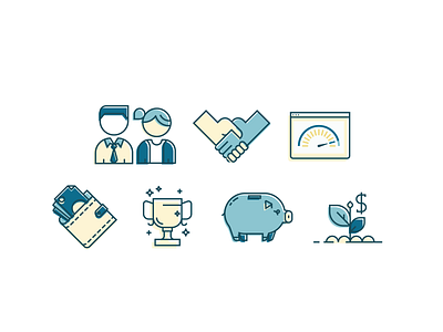meetkite.com Explainer Icons dial gauge growth hand shake iconography icons money optimize piggy piggybank team trophy wallet