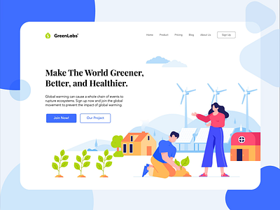 GreenLabs Header Animation animation app blue character eco eco green green header hero illustration people plants renewable energy solar panel ui uiux website windmill