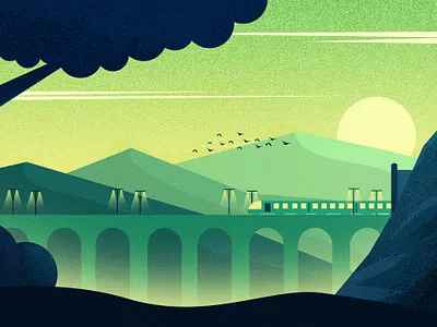 Train on Bridge birds cliud design hill illustration landscape landscape design mountain sky srabon arafat tree vector