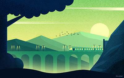 Train on Bridge birds cliud design hill illustration landscape landscape design mountain sky srabon arafat tree vector