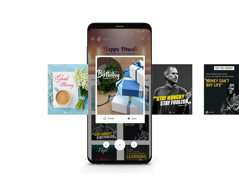 GreetFeed App UI animated gif animation app crads design home home screen homepage homepage design microinteraction swipe ui uiux ux web