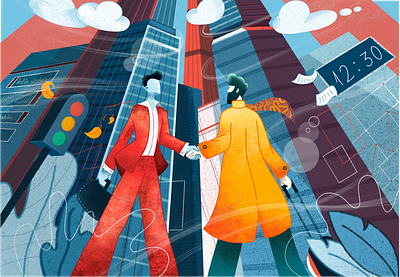 Partners Platform Cover air builidngs business business man character design city clouds color colorful graphic illustration platform sketch sketch illustration textured web web design web illustration website windy