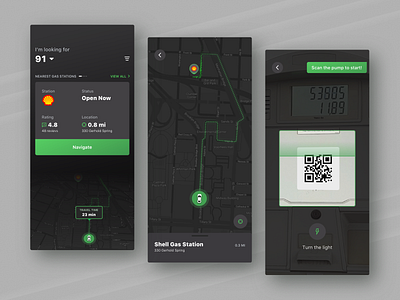 Search Nearest Gas Stations Mobile App analytics app camera dark dark ui digital fireart fireart studio gas map navigation scan station ui ux