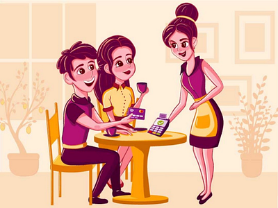 Contactless payment in the cafe. Nfc artwork cafe characters contactless payment couple creative credit card design digital girl graphic illustrator man nfc people vector artist vector illustration vectors