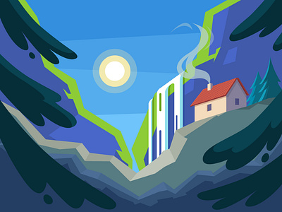 Mountain house cliff forest house illustration landscape mountain mountains nature outdoors pine spot illustration summer traveling tree waterfall wood