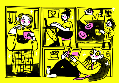 Coliving character design friends halftone illustration procreate roomie roomies texture