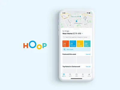 Hoop Map 🗺 activity animation app children childrens datepicker days design event events finder homepage hoop ios kids search search bar ui ux workshop